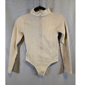 Pretty Little Thing Tan Beige Ribbed Crinkle Rib Half Zip Bodysuit Women Sz Med